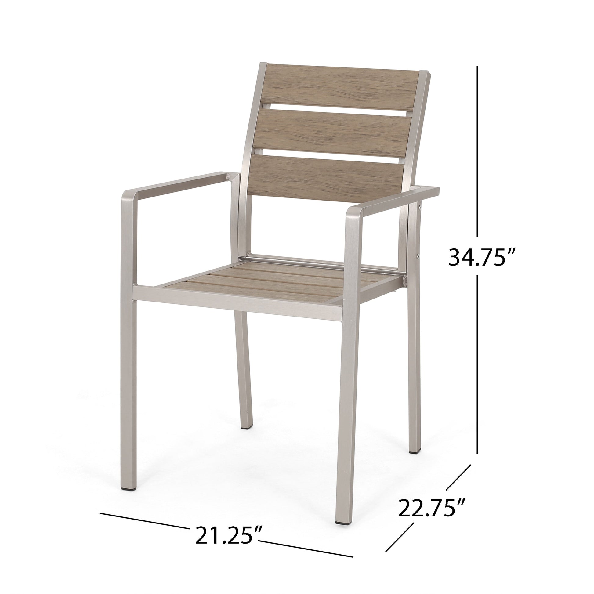 Outdoor Modern Aluminum Dining Chair with Faux Wood Seat (Set of 2), Natural and Silver - Korvel