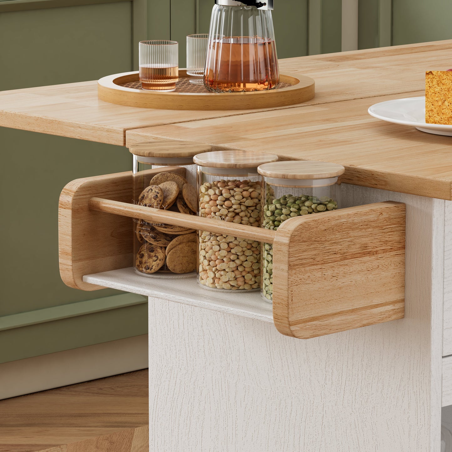44 Inch Kitchen Island Cart with Solid Wood Top, Wine Storage, Spice Rack, Towel Rack, Wine Glass Holder White & Oak - Korvel