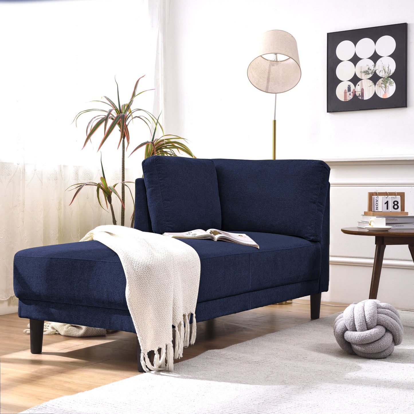 65" Mid-Century Modern Linen Fabric Corner Lounge Chair, Upholstered Indoor Chaise Lounge Solid Wood Sofa Bed for Bedroom - Korvel
