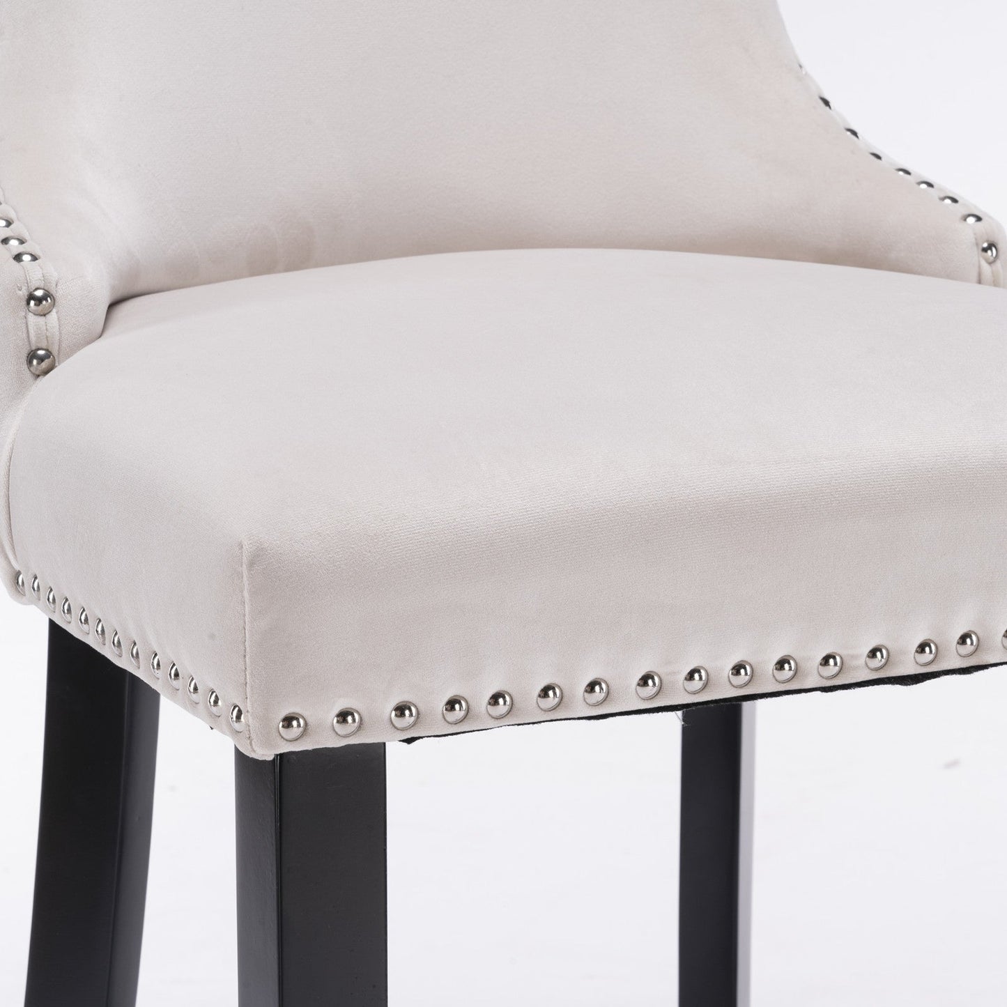 Velvet padded wing back bar stool with button tuft decoration and wooden leg chrome nail head decoration 2-piece set (beige) - Korvel