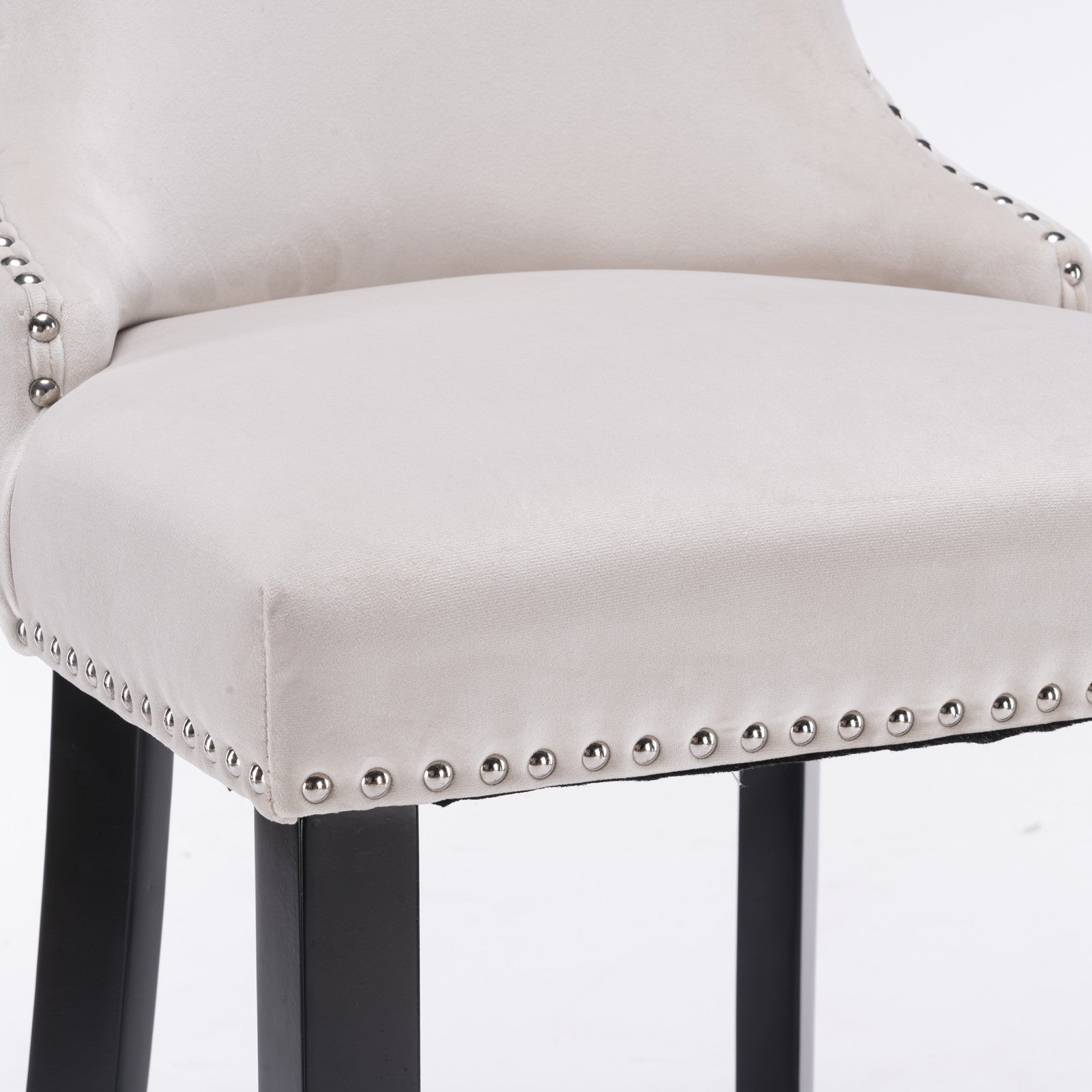 Velvet padded wing back bar stool with button tuft decoration and wooden leg chrome nail head decoration 2-piece set (beige) - Korvel