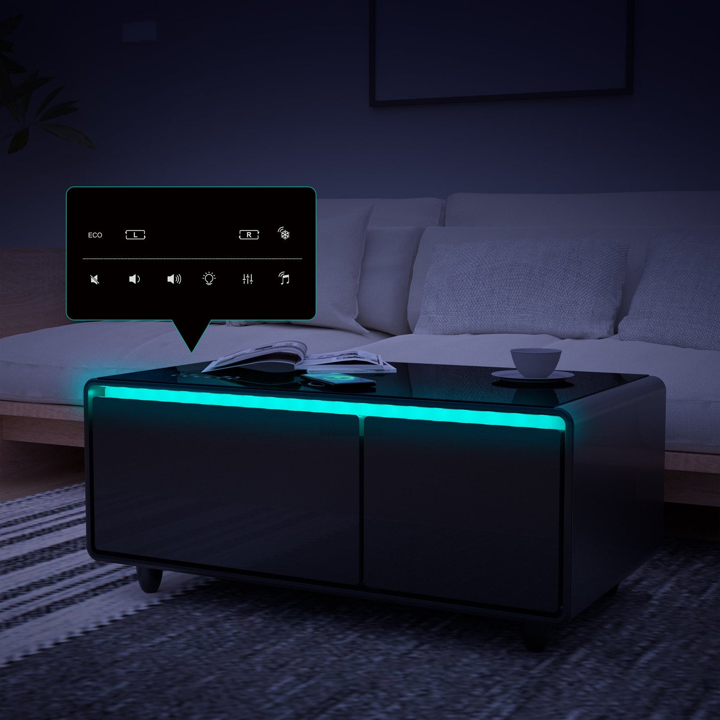 Modern Smart Coffee Table with Built-in Fridge, Bluetooth Speaker, Wireless Charging, Touch Control Panel, USB Interface Black - Korvel