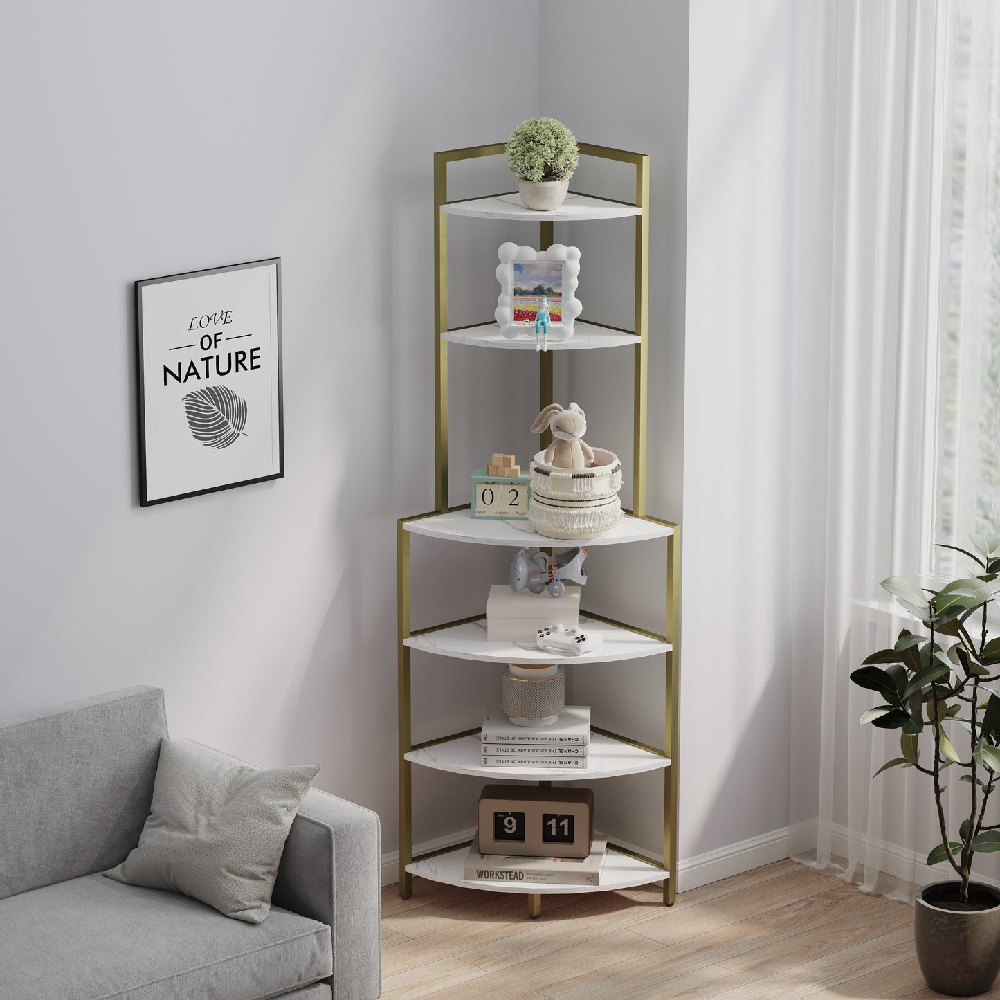 6-story corner open bookshelf, modern bookshelf, wooden frame, independent bookshelf unit, - Korvel