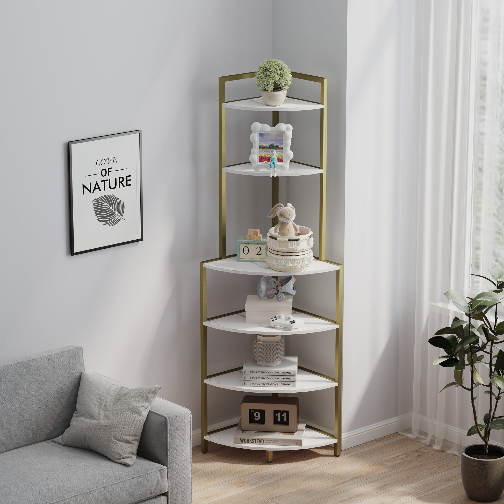 6-story corner open bookshelf, modern bookshelf, wooden frame, independent bookshelf unit, - Korvel