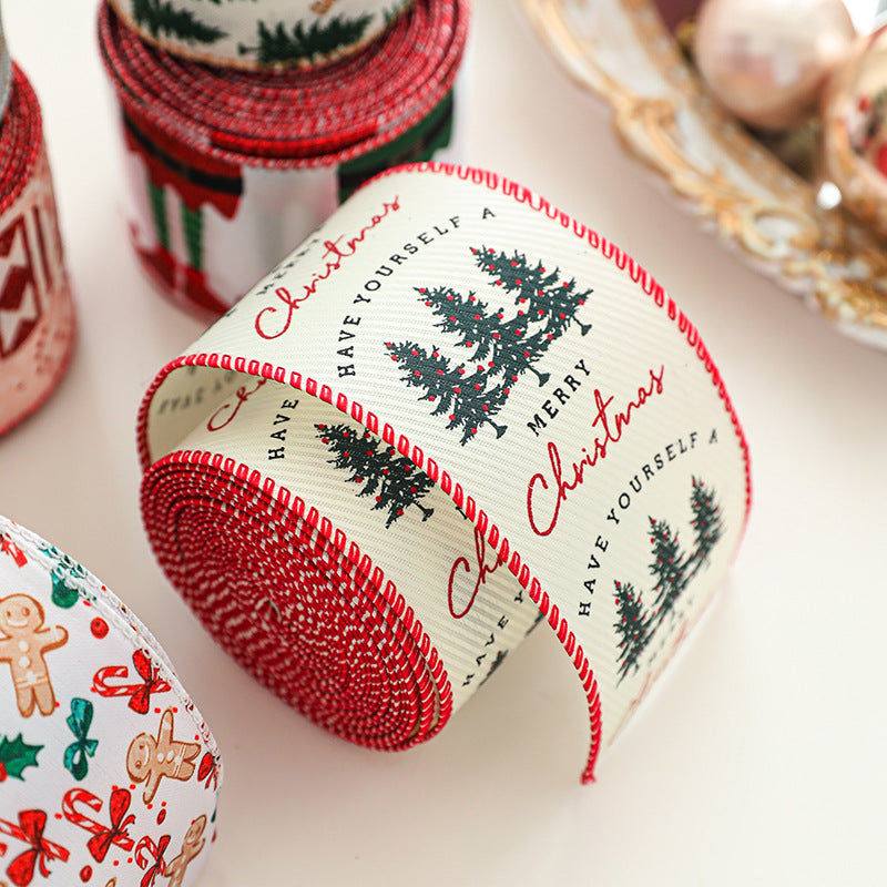 Christmas decoration ribbon, cedar pattern printed ribbon, bow tie, Christmas decoration ribbon, holiday ribbon - Korvel