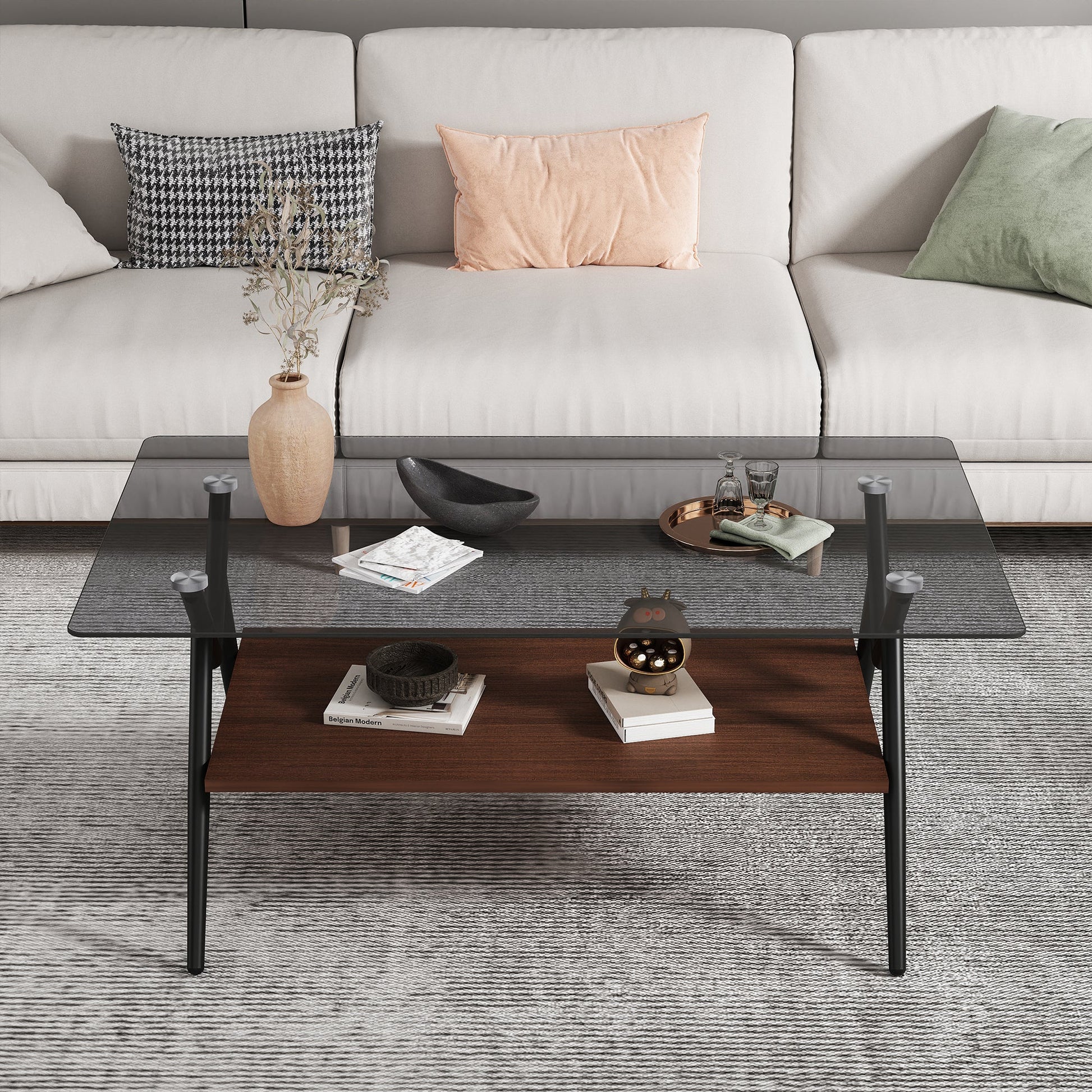 Rectangle Coffee Table with Tempered Glass top and Brown MDF Shelf, Modern Table for Living Room, Gray Glass - Korvel