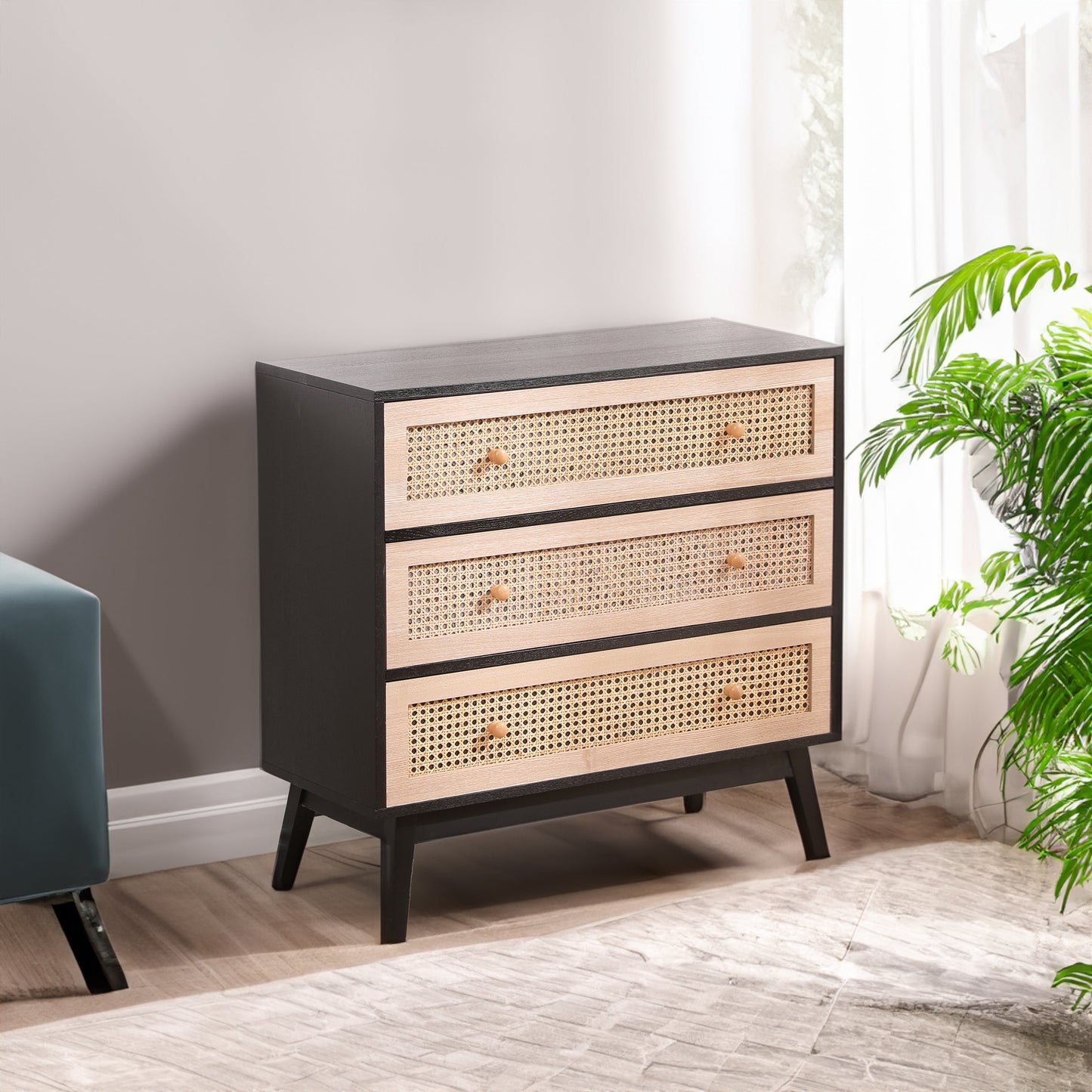 31.5 "3-Drawers Rattan Storage Cabinet Rattan Drawer,for Bedroom,Living Room,Natural drawer and black panel - Korvel