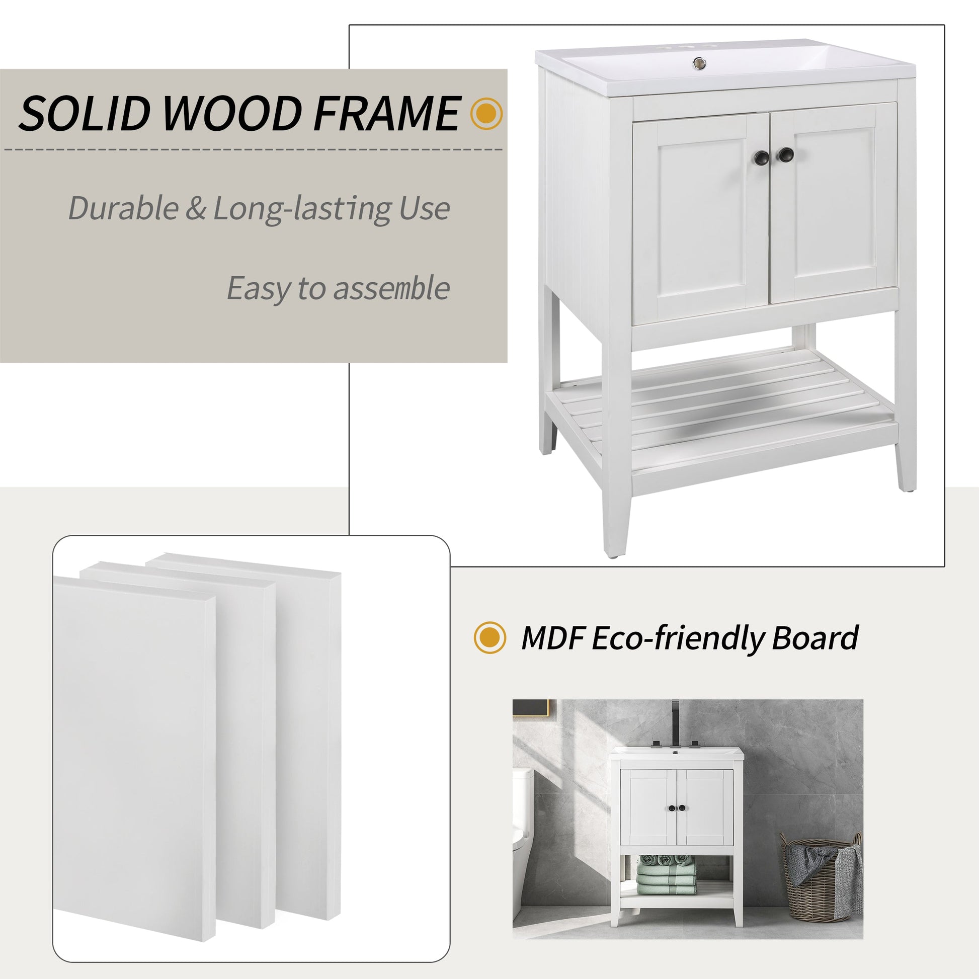 24" White Modern Sleek Bathroom Vanity Elegant Ceramic Sink with Solid Wood Frame Open Style Shelf - Korvel