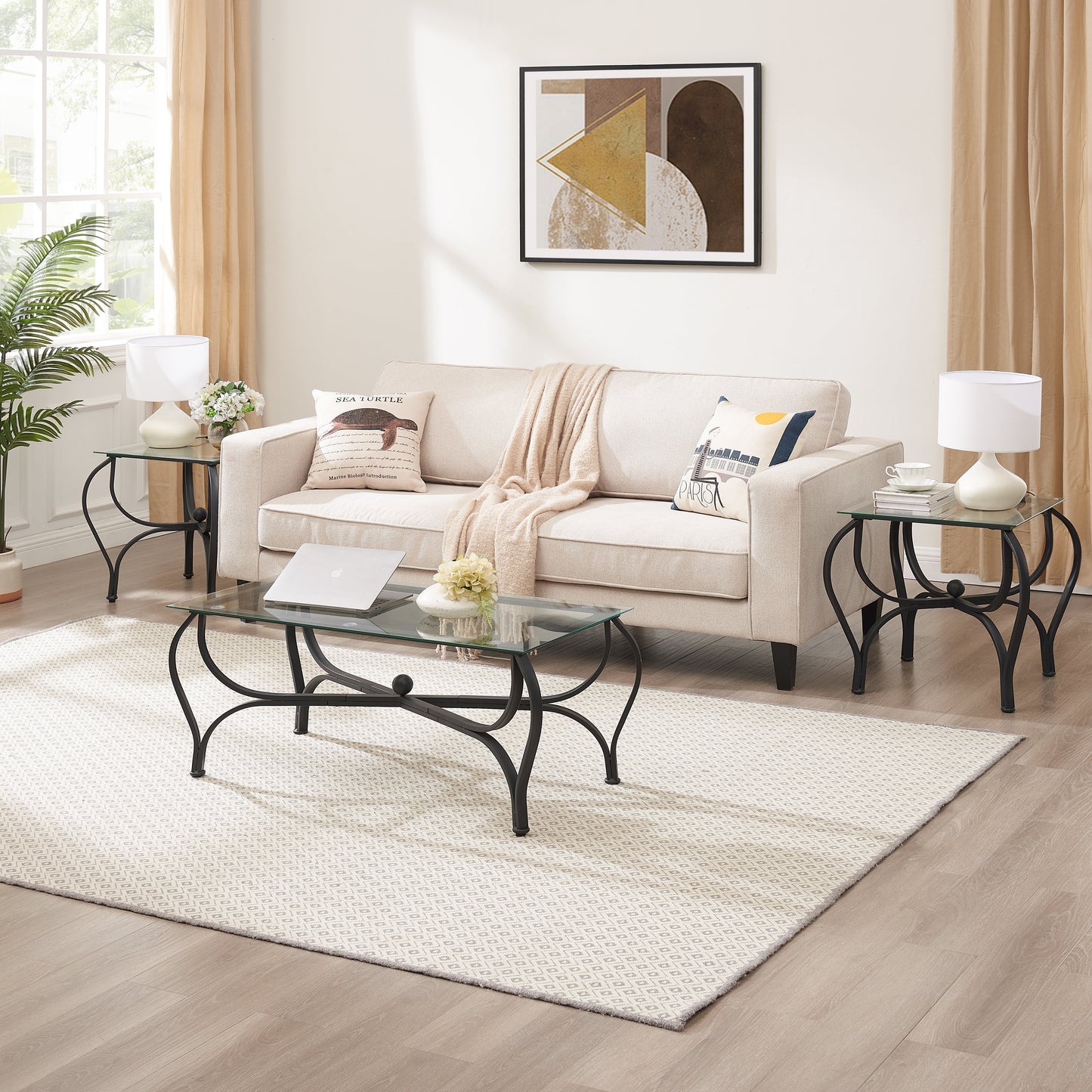 Conjunto de Mesa de Café Elegante de 3 Piezas con Vidrio Templado