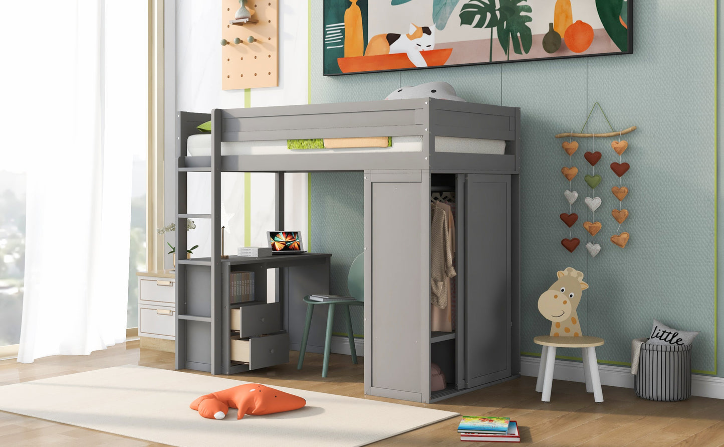 Wood Twin Size Loft Bed with Wardrobes and 2-Drawer Desk with Cabinet Gray - Korvel