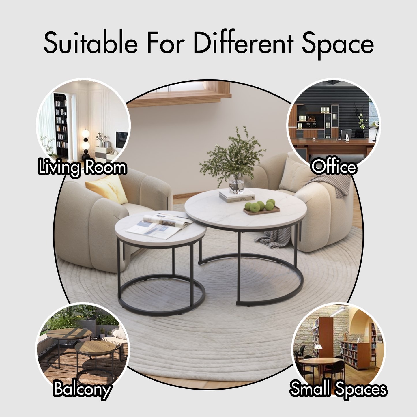 A set of nested 27.6-inch circular coffee tables with a wooden marble patterned tabletop and a sturdy metal frame (white) - Korvel