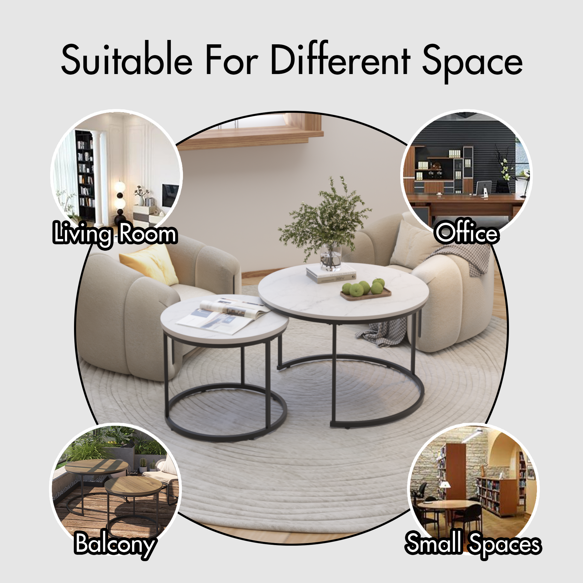 A set of nested 27.6-inch circular coffee tables with a wooden marble patterned tabletop and a sturdy metal frame (white) - Korvel