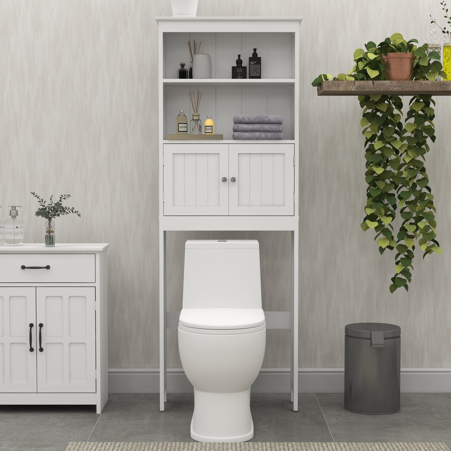 Over The Toilet Rack 2 -Tier Toilet Bathroom Spacesaver Storage Shelf with 2 Doors Wood Storage Organizer Cabinet - Korvel