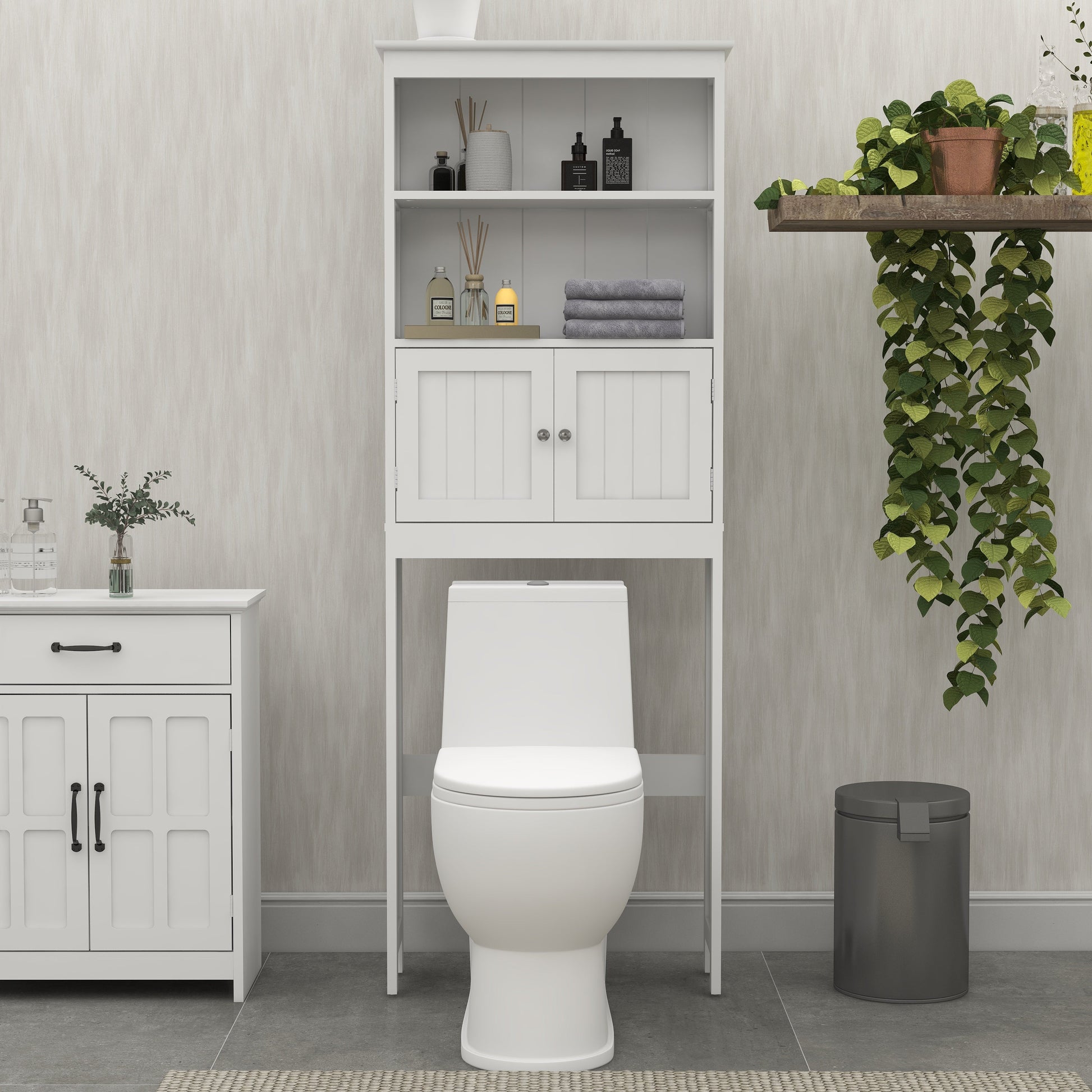 Over The Toilet Rack 2 -Tier Toilet Bathroom Spacesaver Storage Shelf with 2 Doors Wood Storage Organizer Cabinet - Korvel