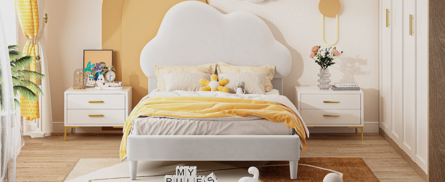 Twin Size Upholstered Cloud-Shape Bed ,Velvet Platform Bed with Headboard,No Box-spring Needed,Beige - Korvel