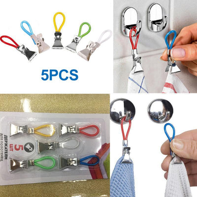 Pegs Household 5 Tea Towel Hanging Clips Clip On Hooks Loops Hand Towel Hangers Hanging Clothes Pegs Kitchen Bathroom Organizer - Korvel