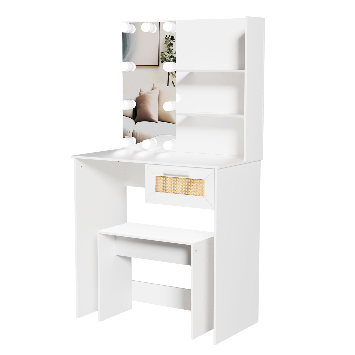 Vanity Desk Set Stool & Dressing Table with LED Lighting Mirror Drawer and Wood Cosmetic Table Chest of Drawers White Color - Korvel