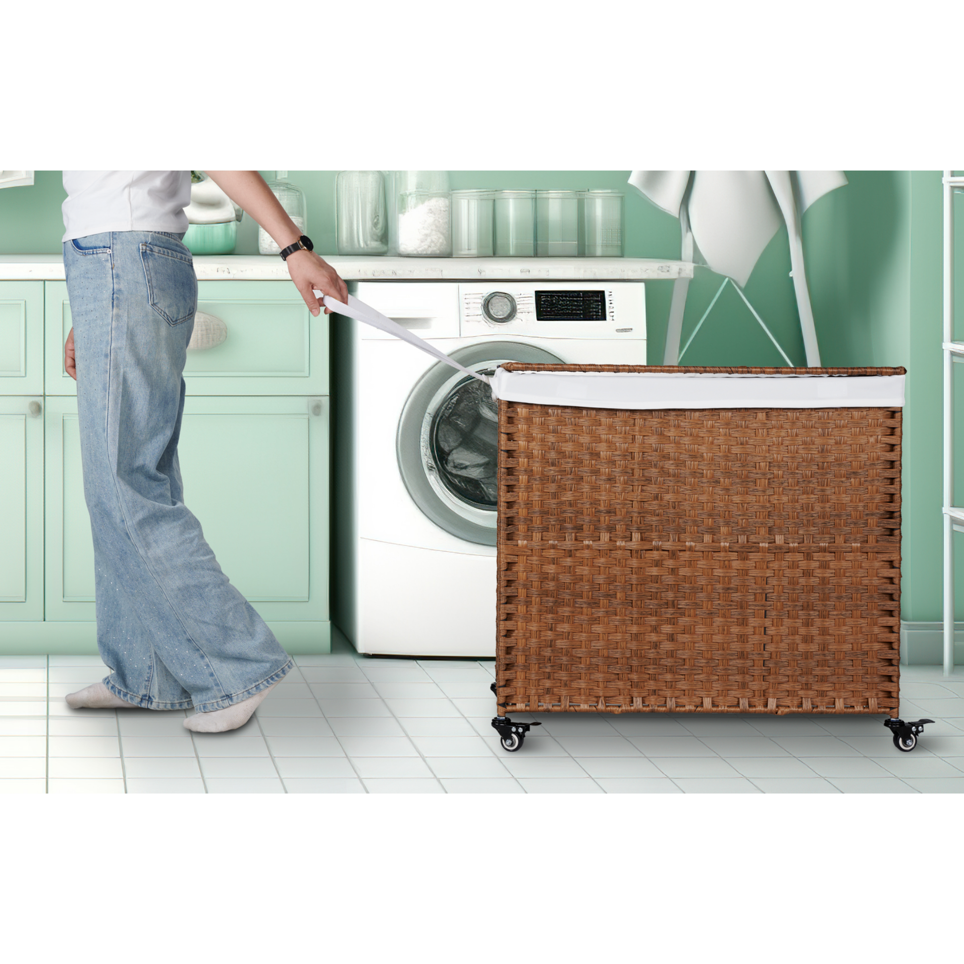 Laundry Hamper With Lid PE Rattan Powder Coating Frame Clothes Hampers with 02 Removable Bags, Wheels, 160L, Brown Color - Korvel