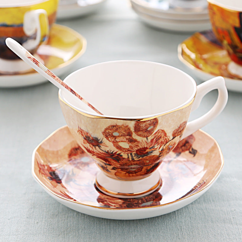 British Luxe Saucer and Spoon Afternoon Tea Cup with Van Gogh Oil Painting Design, Bone China Coffee Cup, Creative Souvenir Ceramic Mug - Korvel