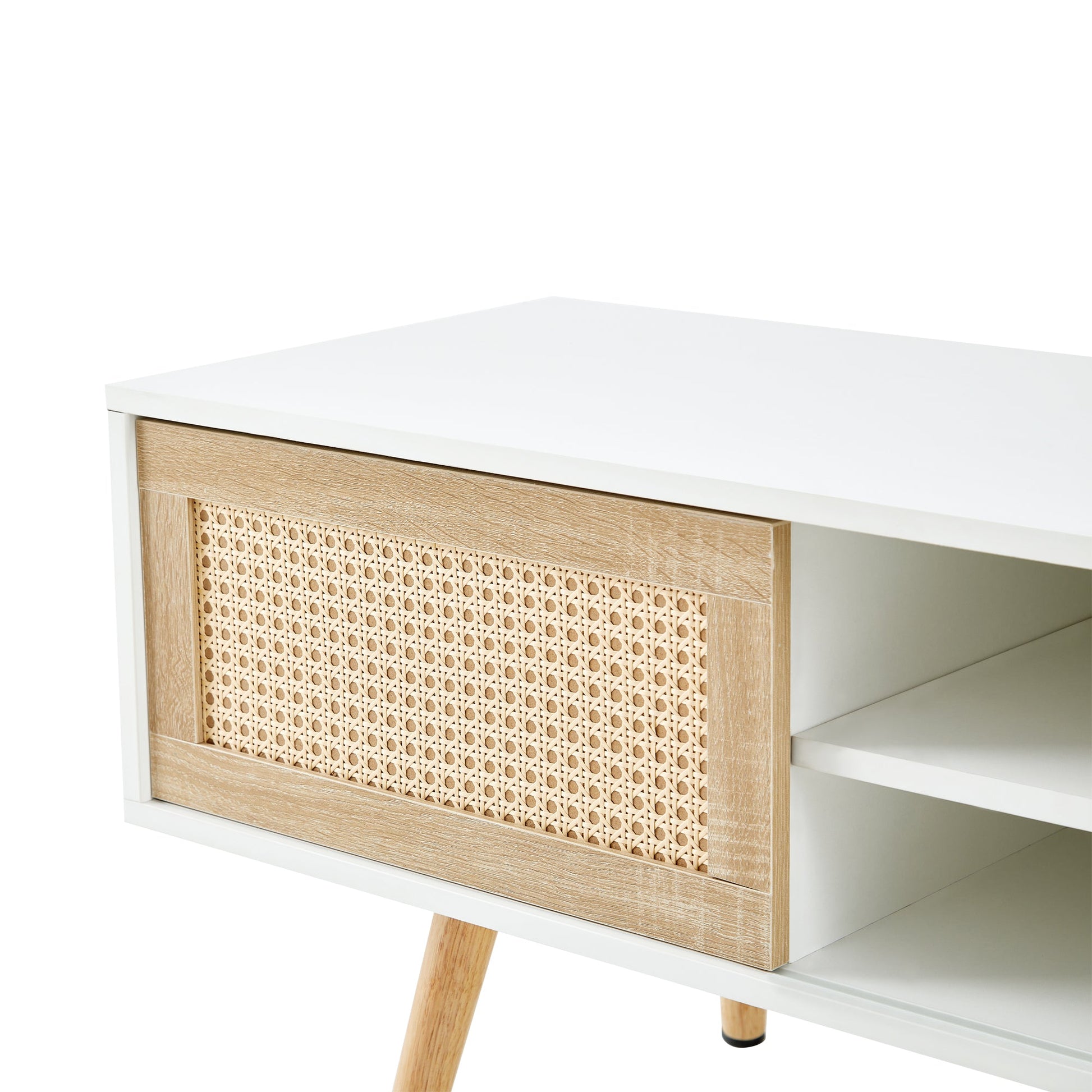 55.12" Rattan TV cabinet double sliding doors for storage adjustable shelf solid wood legs TV console for living room  White - Korvel