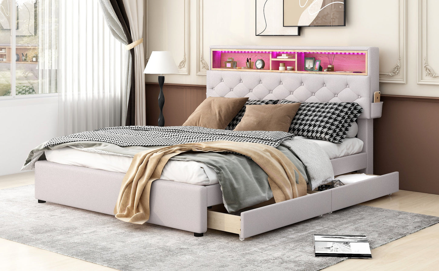 Queen Size Upholstered Platform Bed with Storage Headboard  LED  USB Charging and 2 Drawers  Beige - Korvel