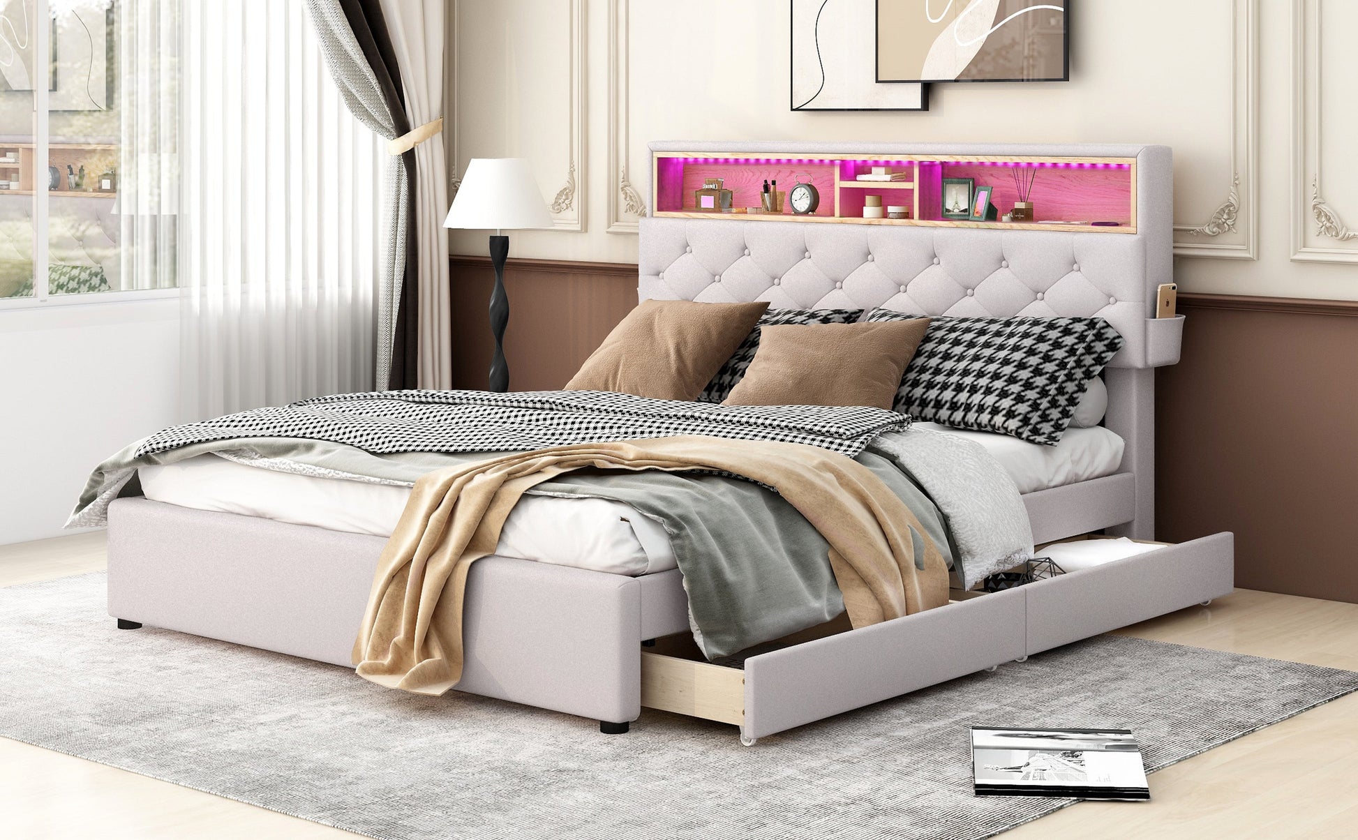 Queen Size Upholstered Platform Bed with Storage Headboard  LED  USB Charging and 2 Drawers  Beige - Korvel