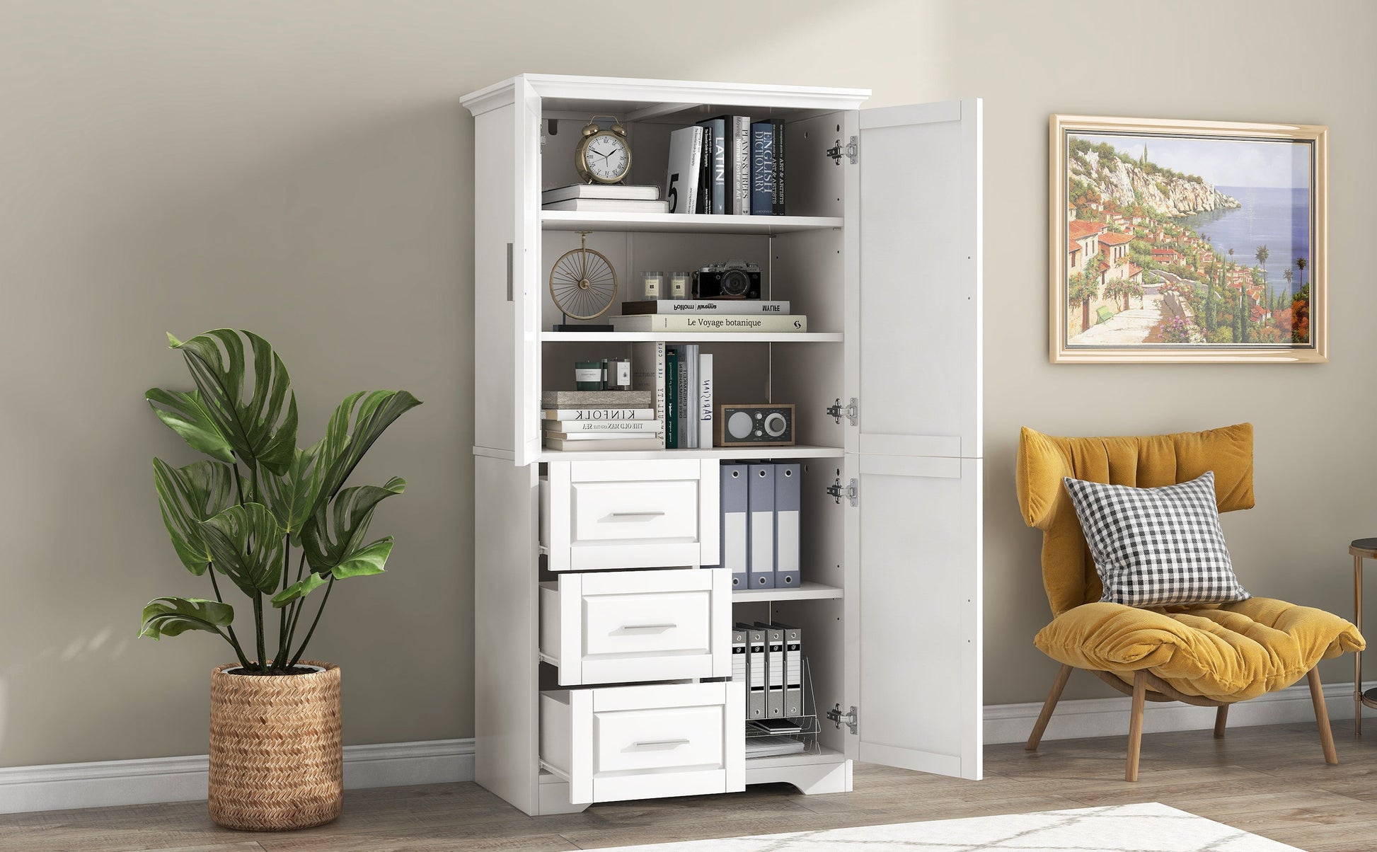 Tall and Wide Storage Cabinet with Doors for Bathroom/Office, Three Drawers, White - Korvel