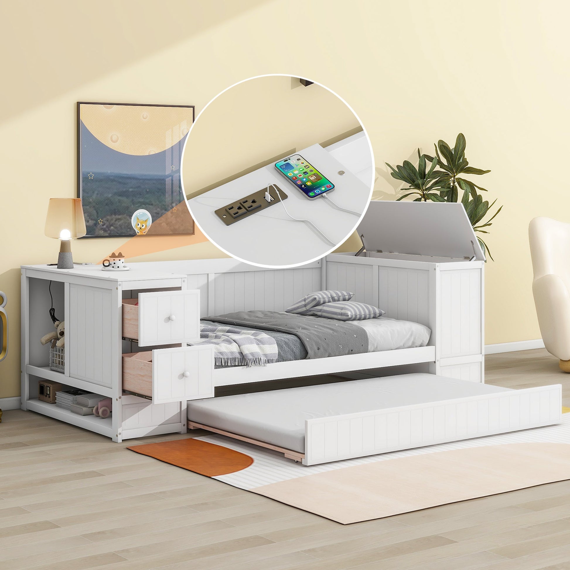 Twin Size Daybed with Storage Arms  Trundle and Charging Station White - Korvel