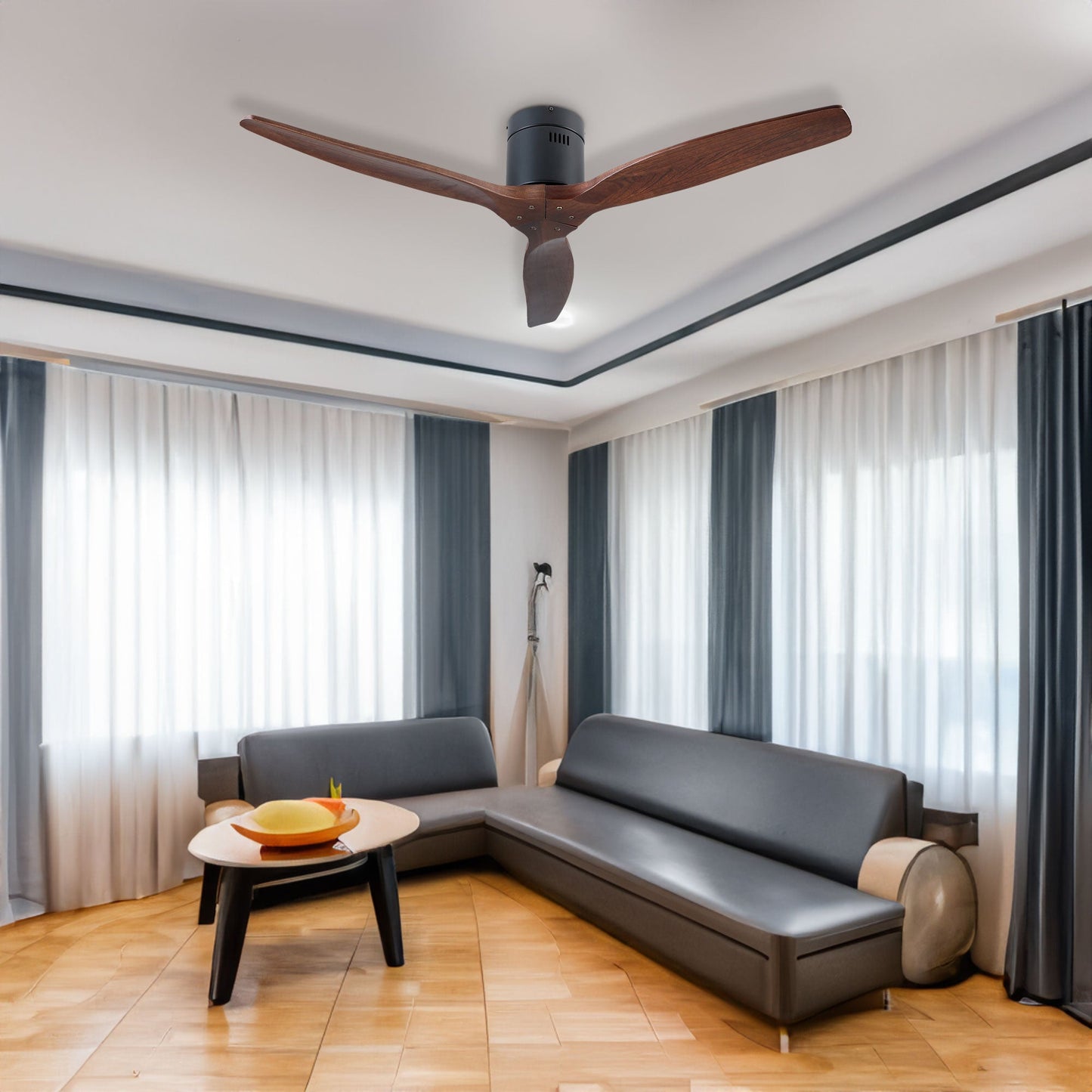 Ventilateur de plafond rustique YUHAO 52" - Fini noir mat et pales en bois