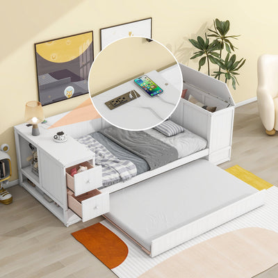 Twin Size Daybed with Storage Arms  Trundle and Charging Station White - Korvel