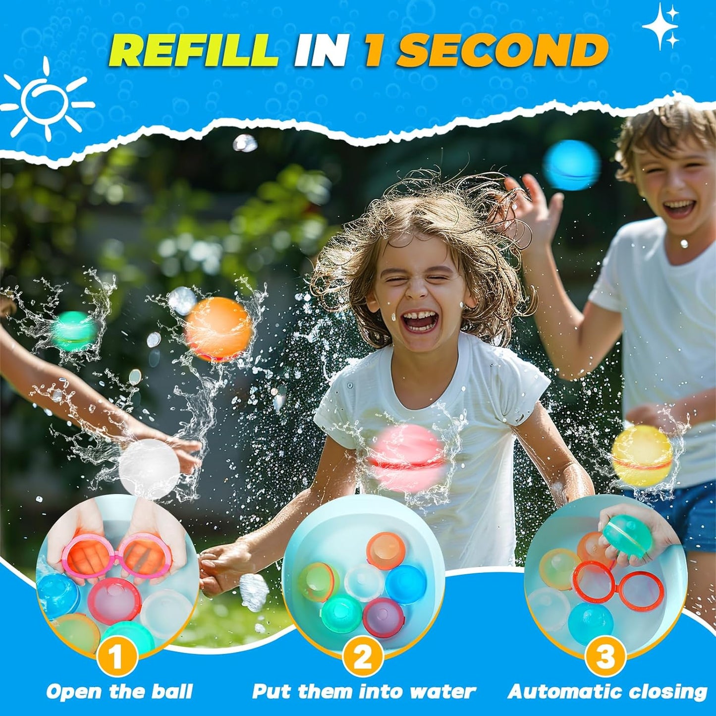 12 PCS Reusable Water Balloons, Refillable Magnetic Water Balls for Outdoor Games, Self Sealing Water Splash Bomb Quick Fill for - Korvel