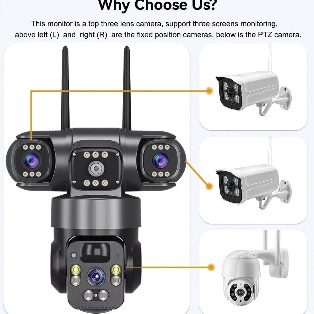 V380 360-Degree Panoramic 3-View 3-Lens Wireless WiFi/4G Solar-Powered Camera Surveillance System - Korvel