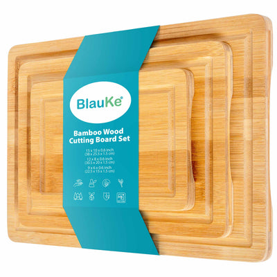 Bamboo Cutting Board Set – 3-Piece Kitchen Boards with Juice Groove & Side Handles - Korvel