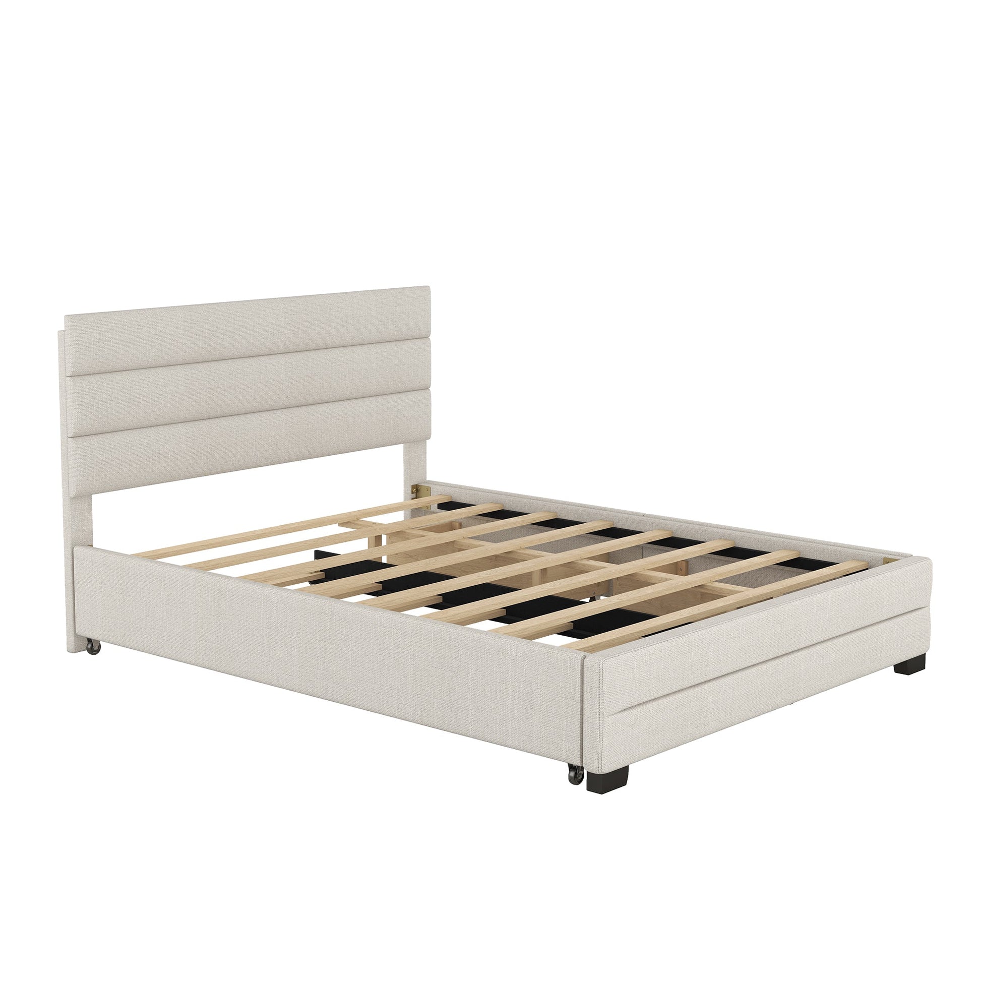 Queen Upholstered Platform Bed with Twin Size Trundle and Two Drawers  Beige - Korvel