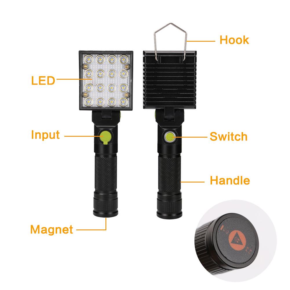 16 LEDs Work Flashlights White Red Blue Light Car Repair Working Lamp USB 18650 Torch Built-in Magnet Hook - Korvel