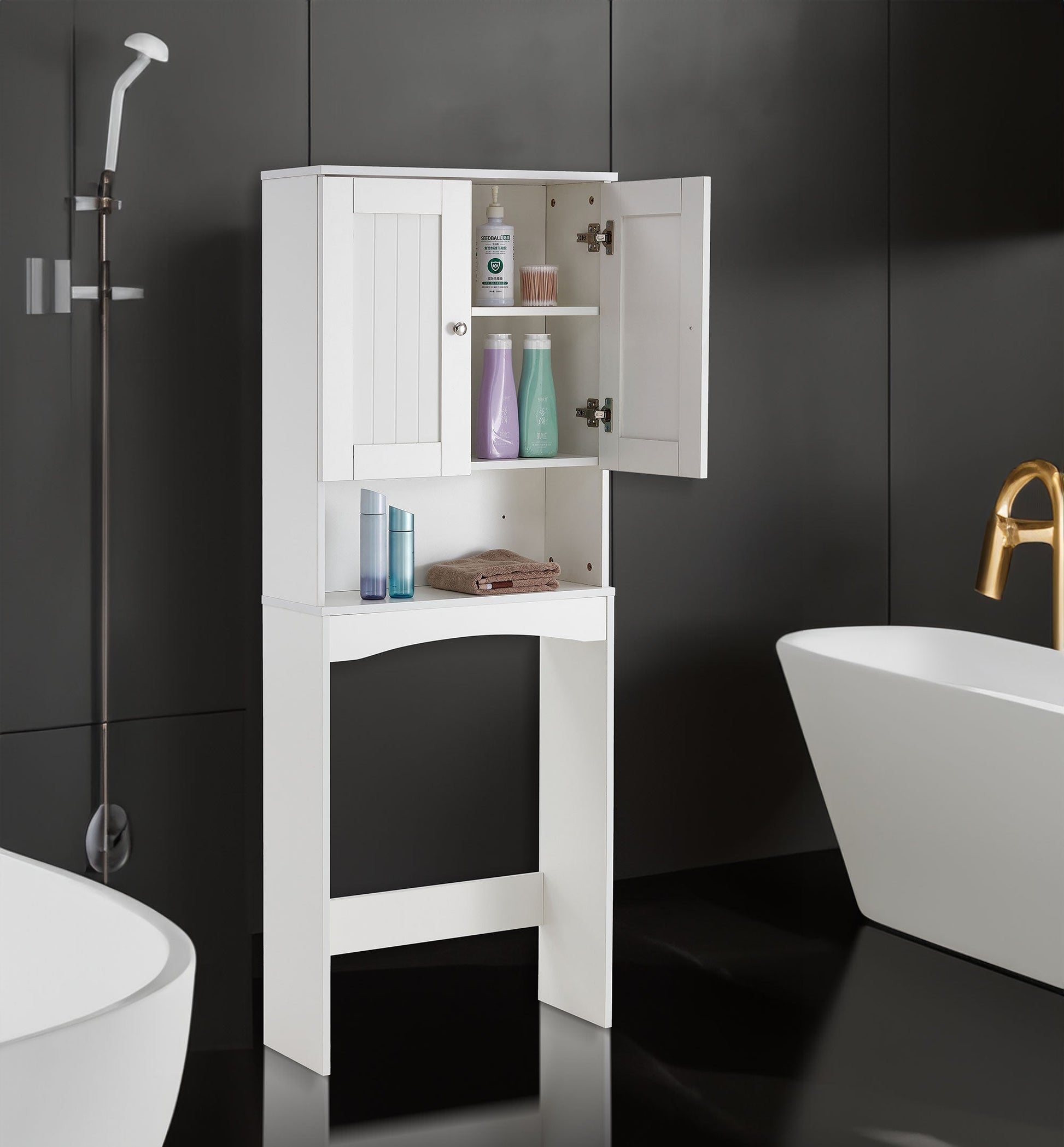 Home Bathroom Shelf Over-The-Toilet, Bathroom SpaceSaver, Bathroom Storage Cabinet Organizer,White - Korvel
