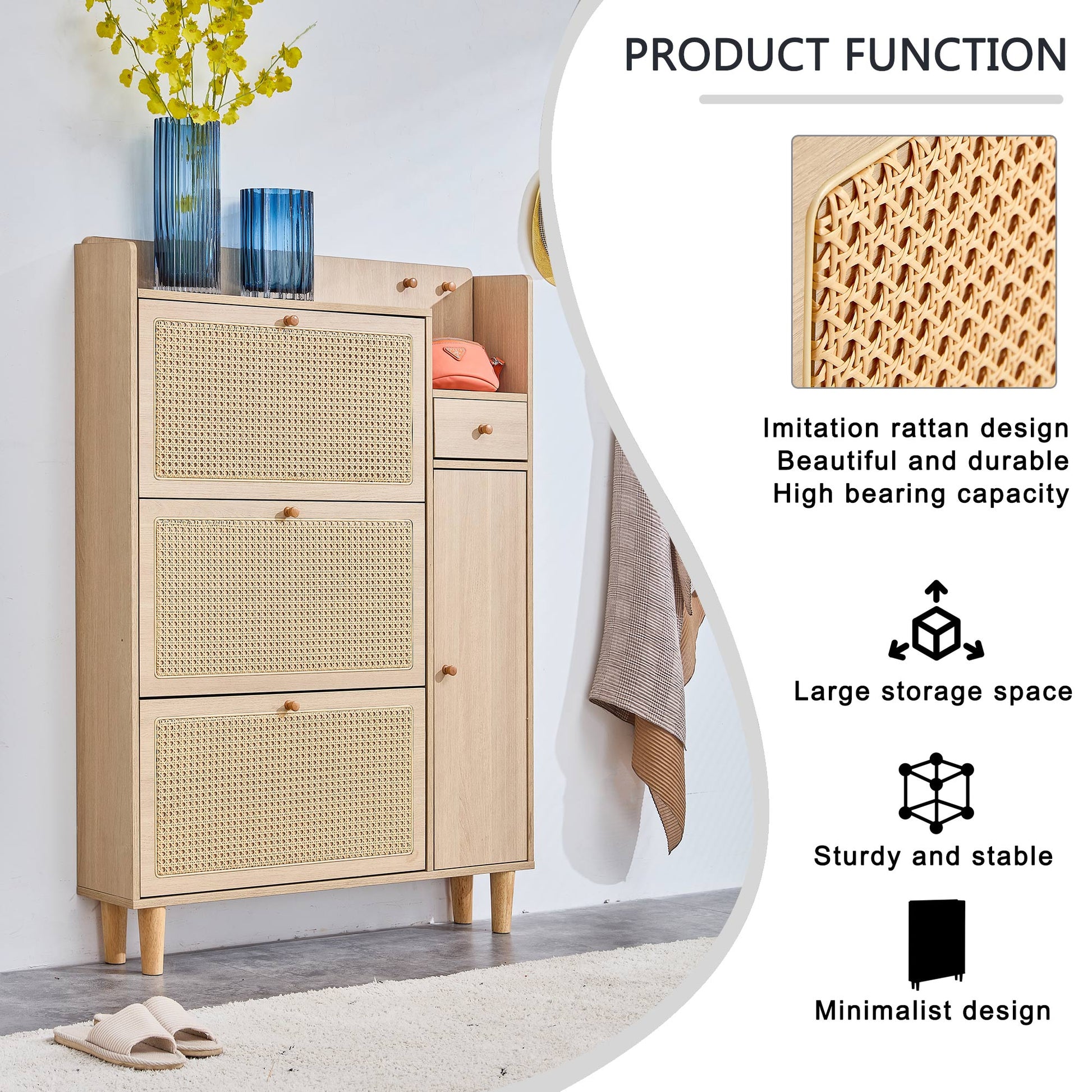 Modern minimalist storage cabinet MDF bed top cabinet Japanese rattan shoe cabinet, small home furniture - Korvel