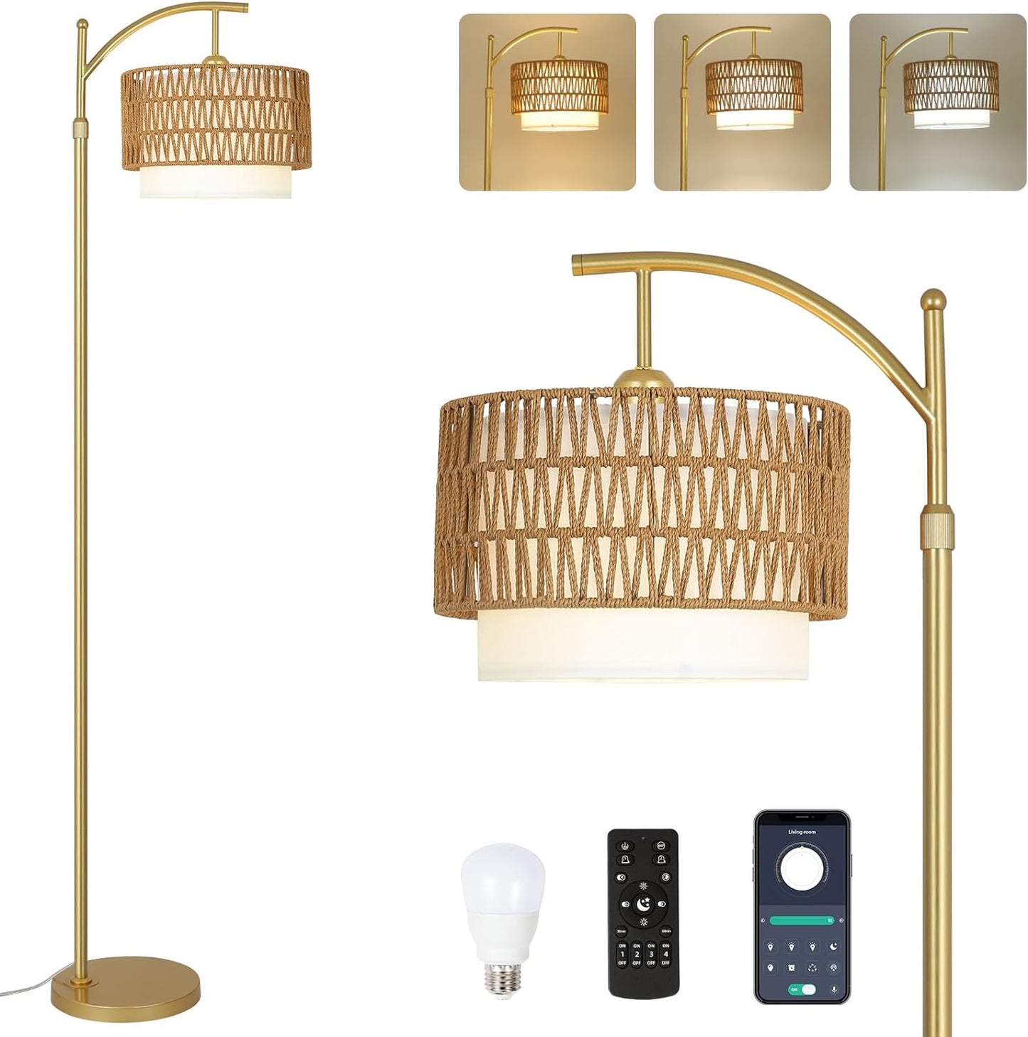 Gold Floor Lamps for Living Room with Remote & Dimmable LED Bulb, Modern Arc Floor Lamp with 3 Color Temperatures - Korvel