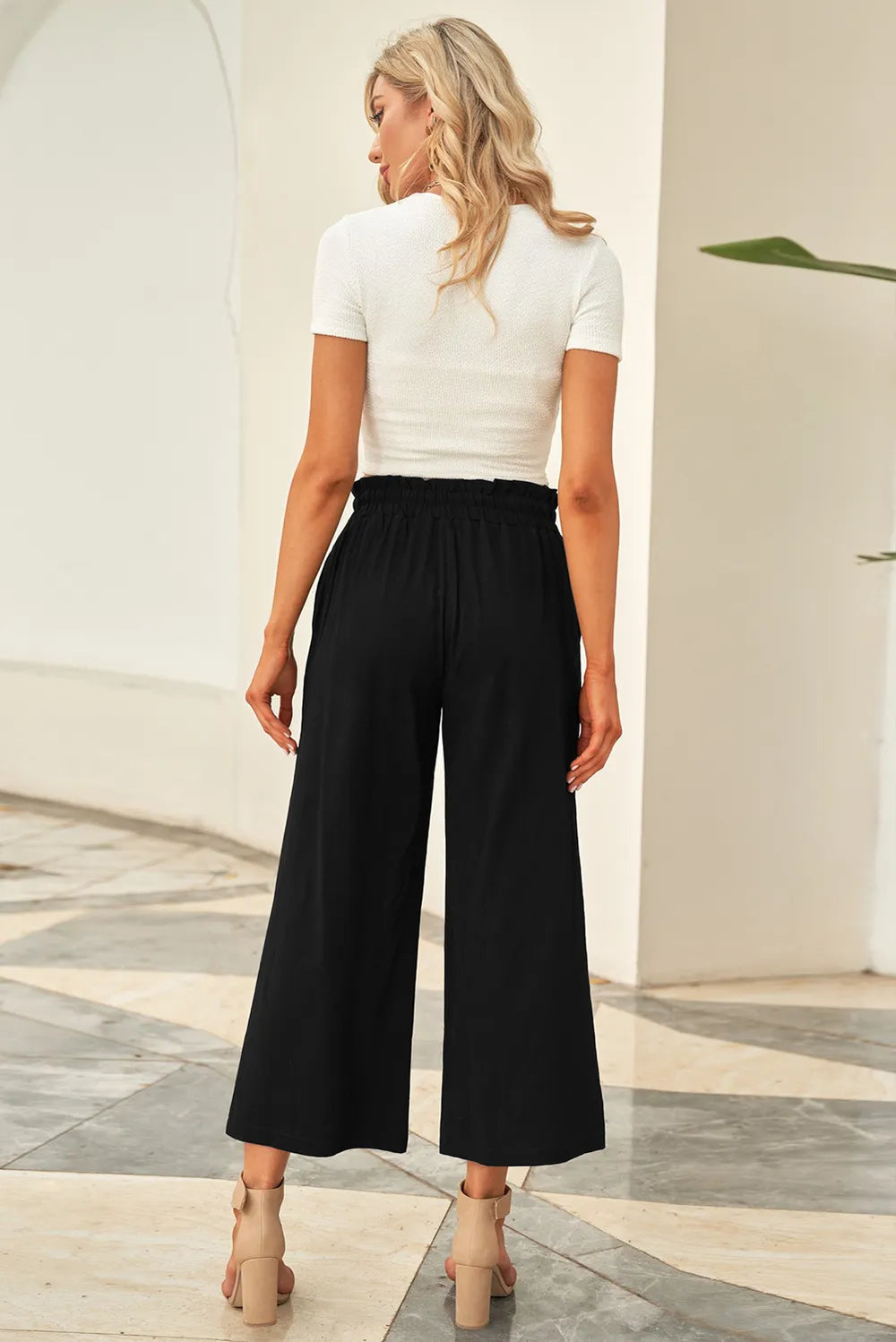 Drawstring Paperbag Waist Wide Leg Pants - Korvel