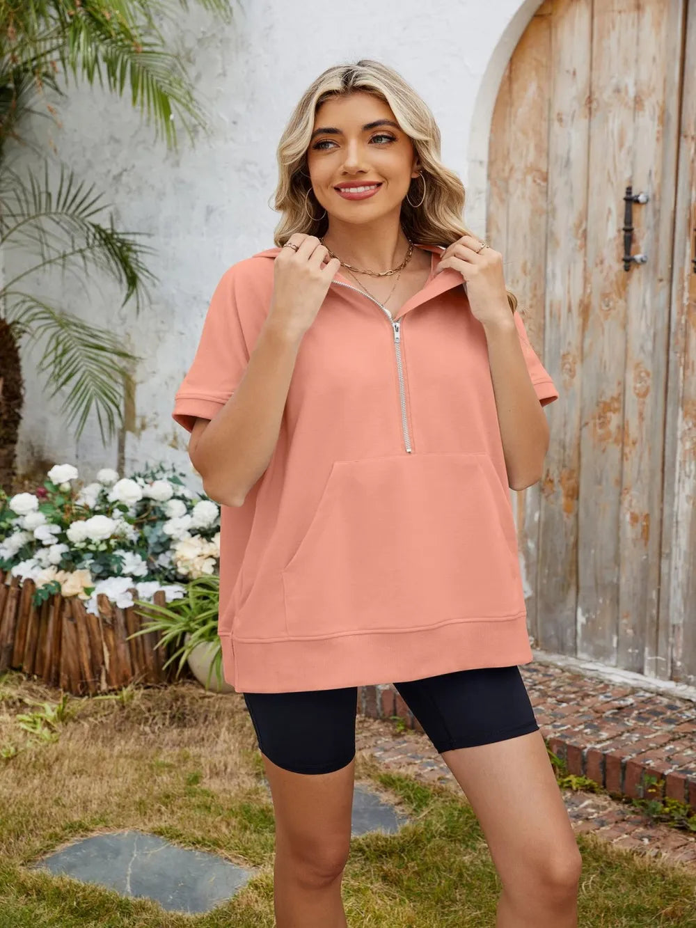 Half Zip Short Sleeve Hooded Top - Korvel