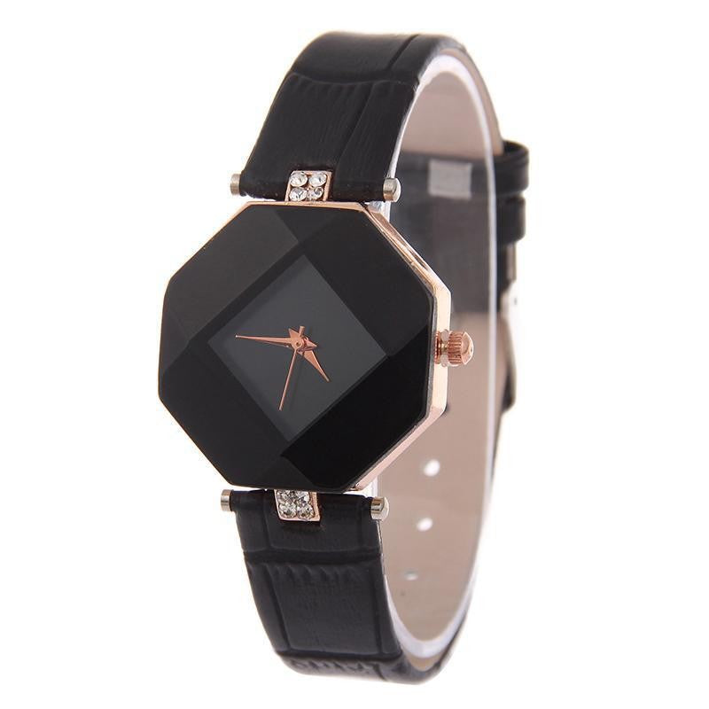 Elegant Women's Gem Cut Quartz Leather Watch - 5 Colors