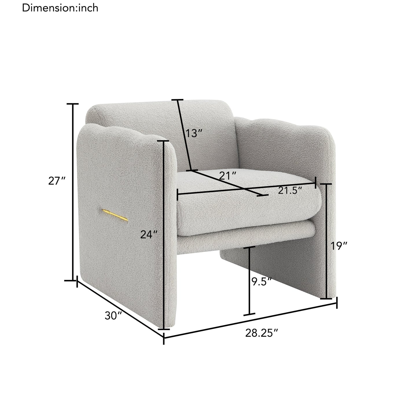 Armchair with wavy armrests, metal decorations on both sides of the armrests, made of Teddy cloth, light gray - Korvel