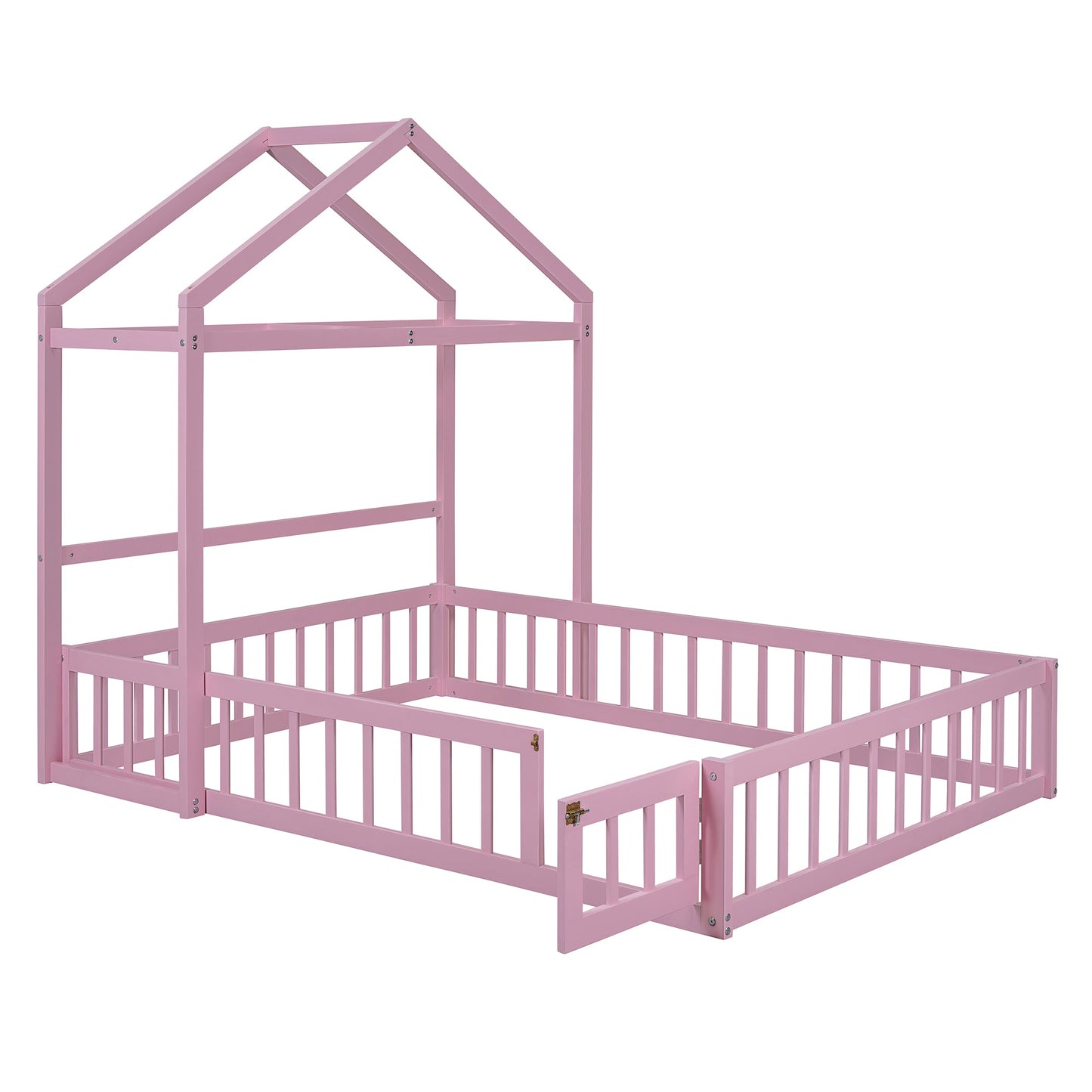 Wooden Full Size Children's Bed with Detachable Headboard and Integrated Clothes Drying Rack, Pink - Korvel