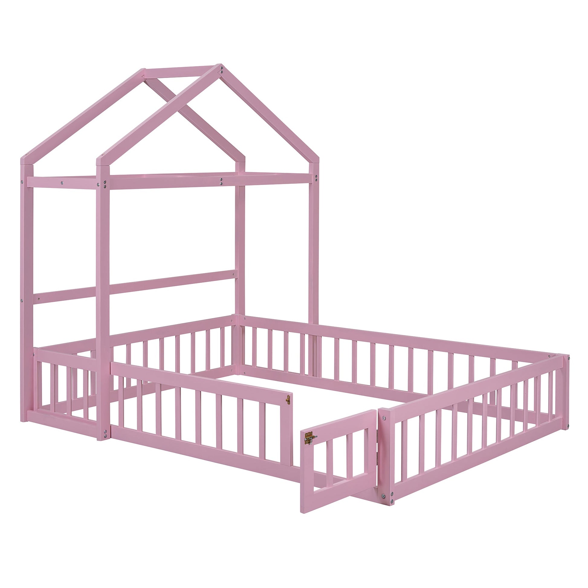 Wooden Full Size Children's Bed with Detachable Headboard and Integrated Clothes Drying Rack, Pink - Korvel