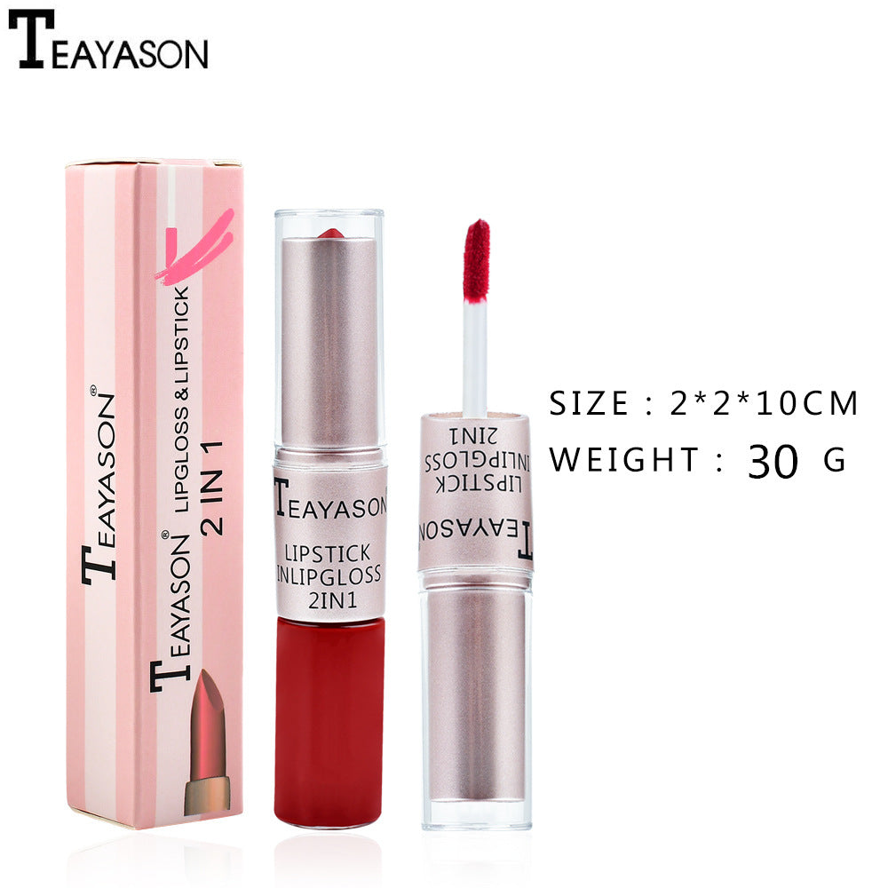 Double-Headed Non-Stick Cup Matte Matte Lip Gloss Two-In-One Matte Bean Paste Does Not Fade With Cup Lipstick Female - Korvel