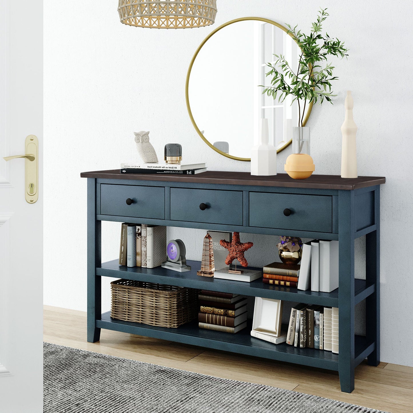 Retro Design Console Table with Two Open Shelves, Pine Solid Wood Frame and Legs for Living Room (Navy) - Korvel