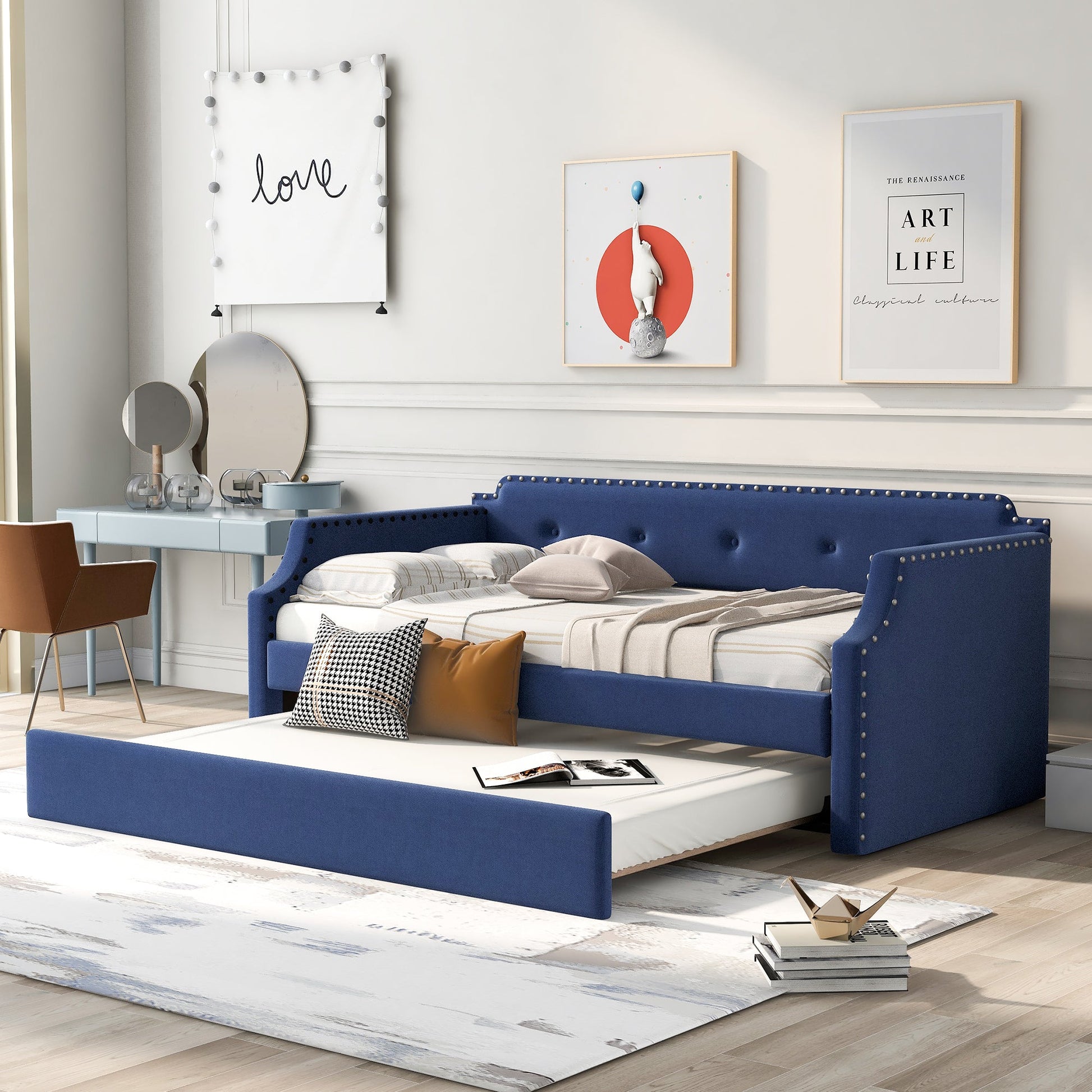Upholstered Daybed with Trundle, Wood Slat Support,Upholstered Frame Sofa Bed Twin Blue - Korvel