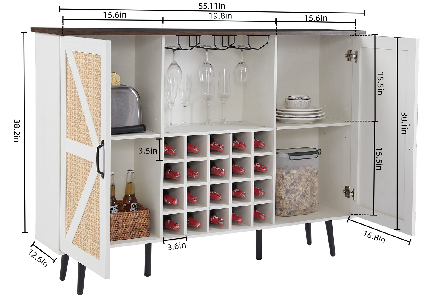 White Faux Rattan Barn Door Wine Cabinet with Wine Rack and Wine Glass Rack, Double Door Design with Removable Shelves - Korvel