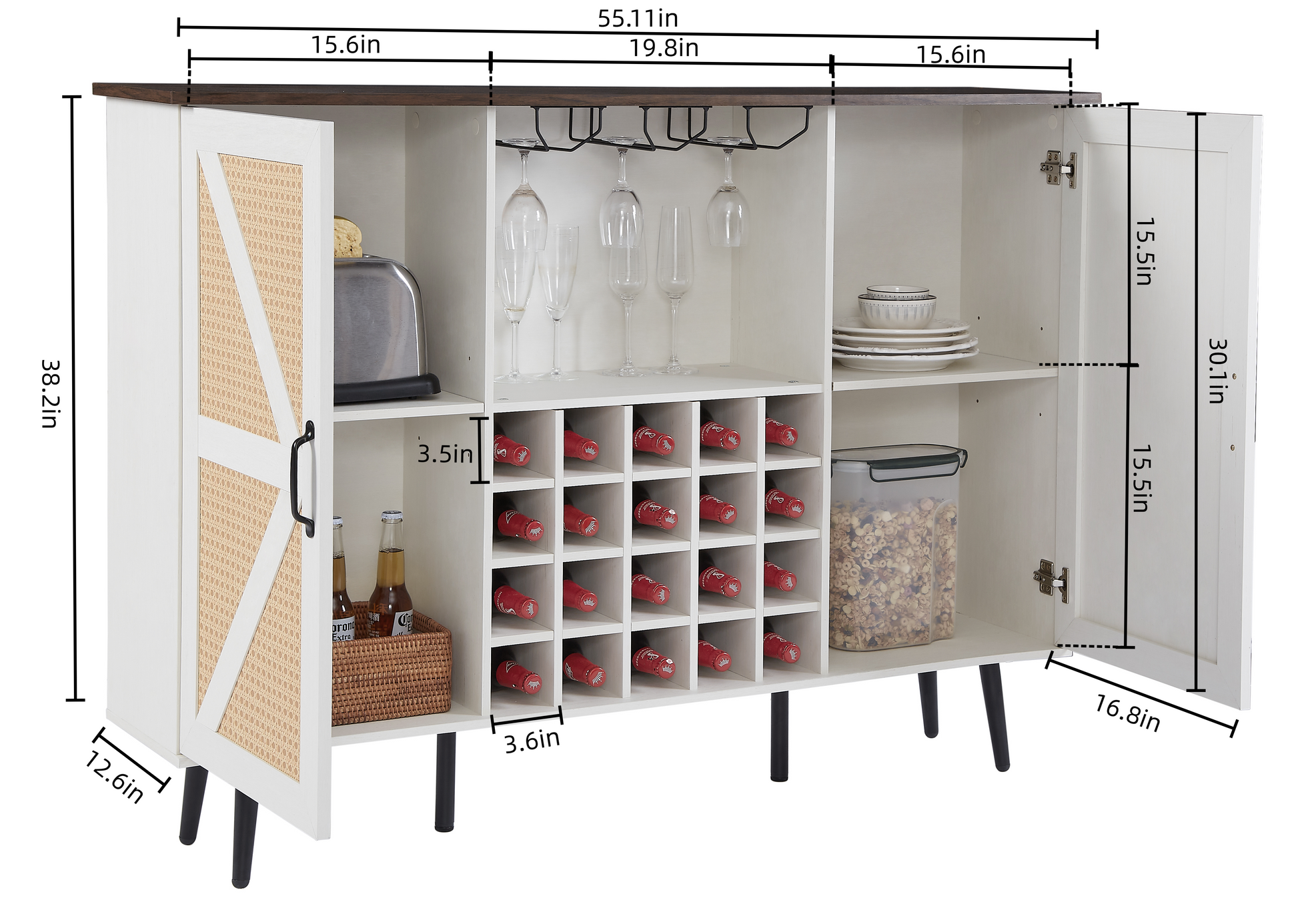 White Faux Rattan Barn Door Wine Cabinet with Wine Rack and Wine Glass Rack, Double Door Design with Removable Shelves - Korvel