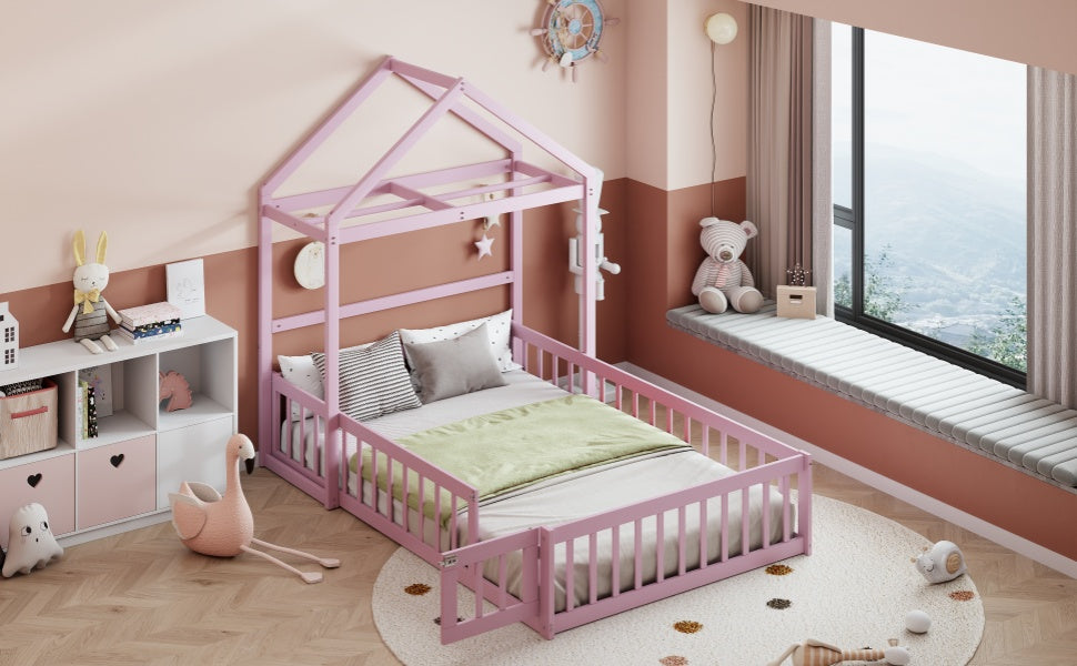 Wooden Full Size Children's Bed with Detachable Headboard and Integrated Clothes Drying Rack, Pink - Korvel